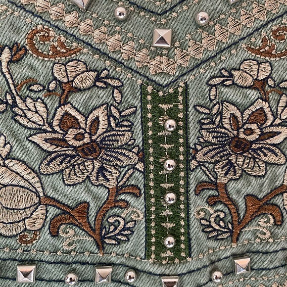 Denim Jacket Green Fringe Studs Sequins Embroidered Distressed - Picture 9 of 12